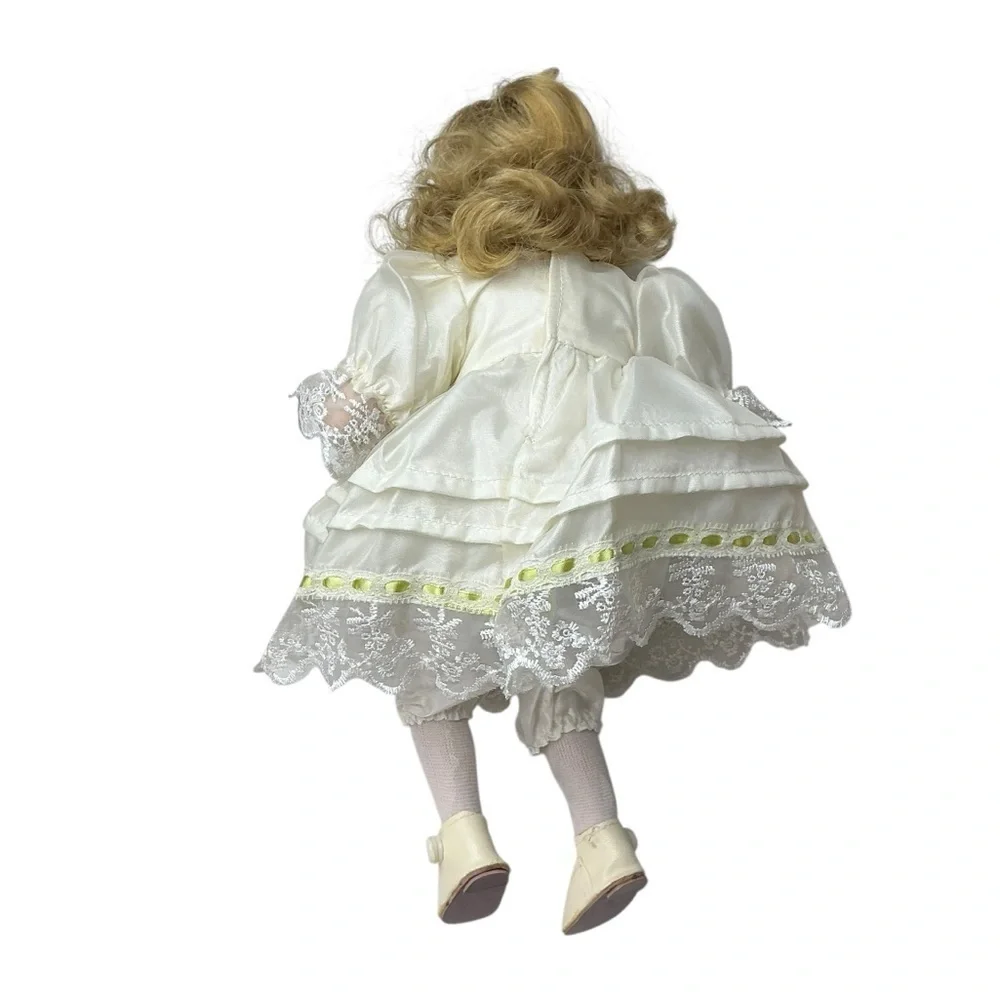 Porcelain Bisque Vintage Doll Sitting Position White Dress Green Collectible 14”